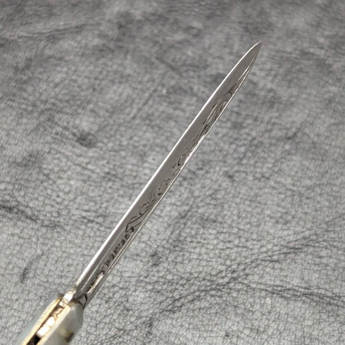 1924 British Antique White Pearl Shell Handle Pure Silver Engraved Blade Folding Pen Knife